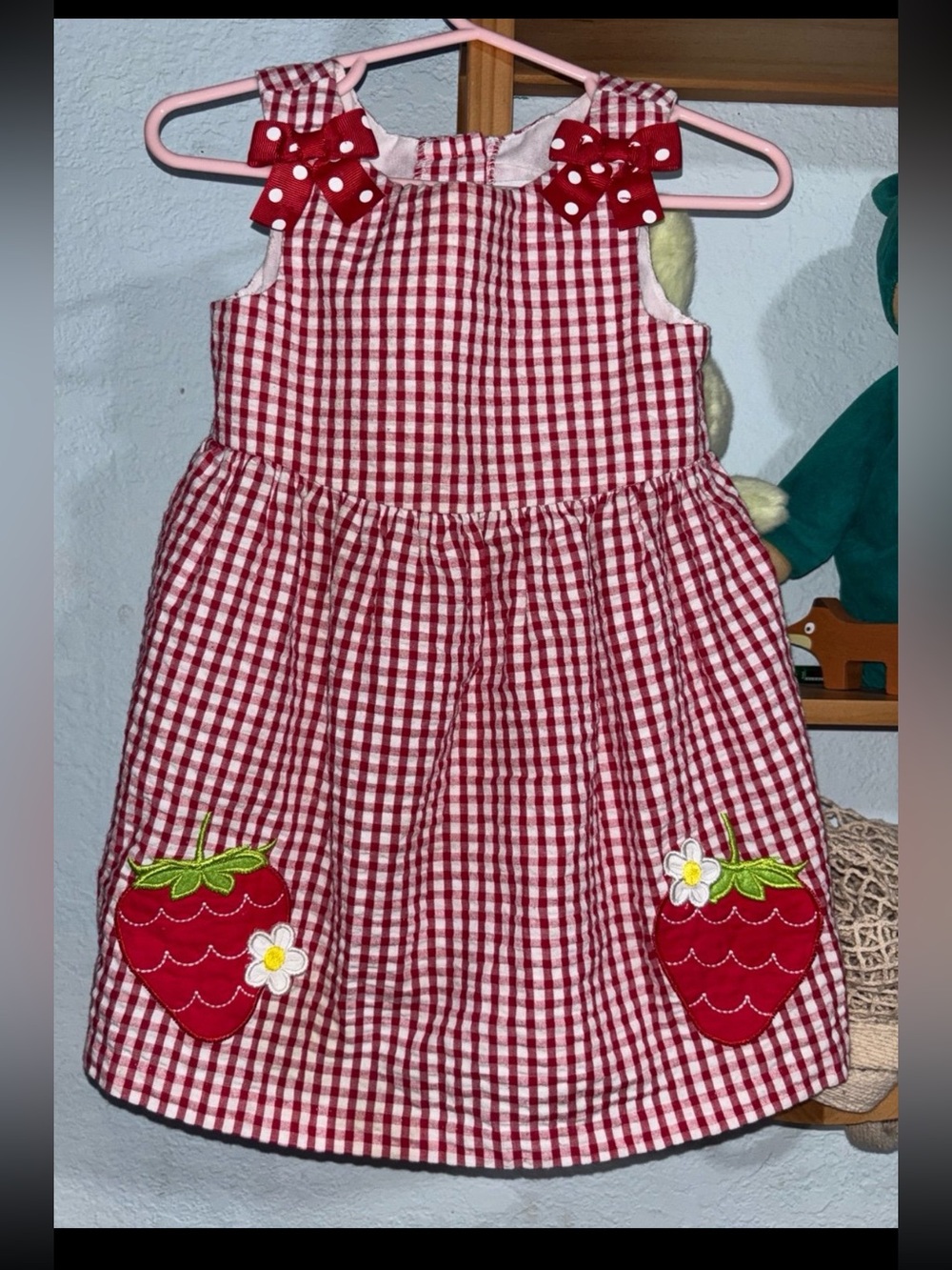 Red Gingham Strawberry Appliqué Girls' Sundress